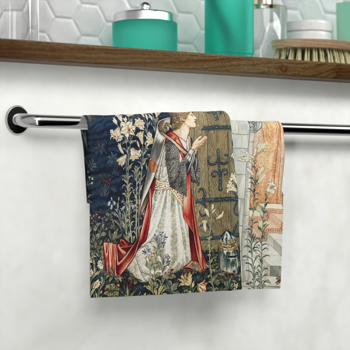A washcloth with a floral pattern inspired by William Morris, featuring a one-sided print with a person standing at a doorway surrounded by nature.