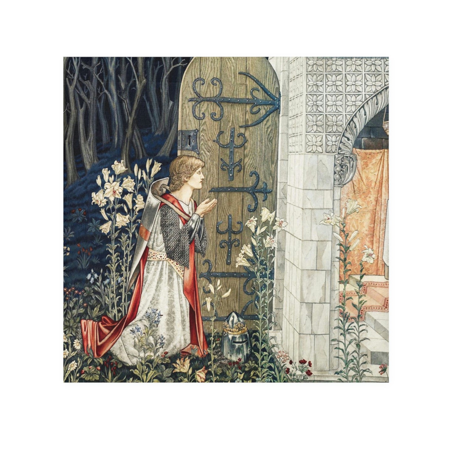 A washcloth with a floral pattern inspired by William Morris, featuring a one-sided print with a person standing at a doorway surrounded by nature.