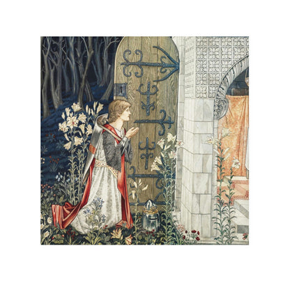 A washcloth with a floral pattern inspired by William Morris, featuring a one-sided print with a person standing at a doorway surrounded by nature.
