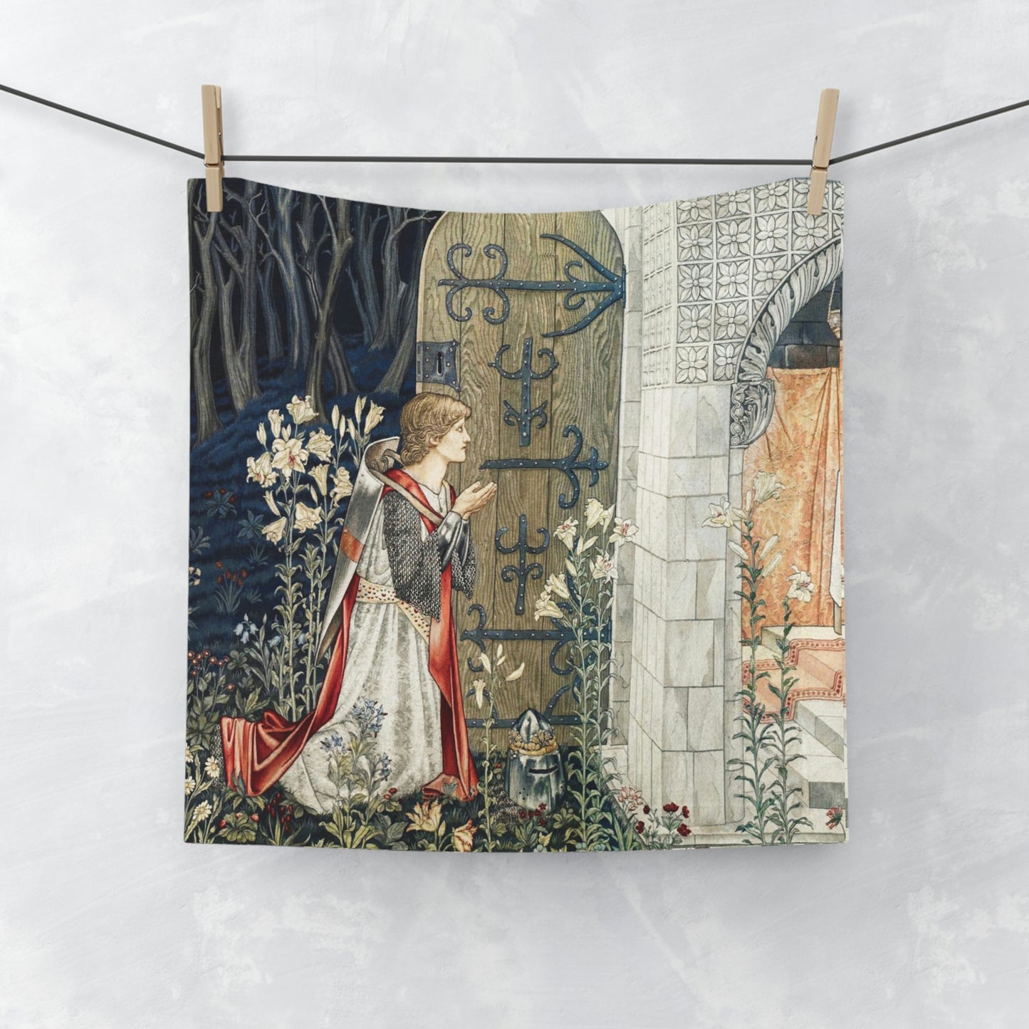 A washcloth with a floral pattern inspired by William Morris, featuring a one-sided print with a person standing at a doorway surrounded by nature.