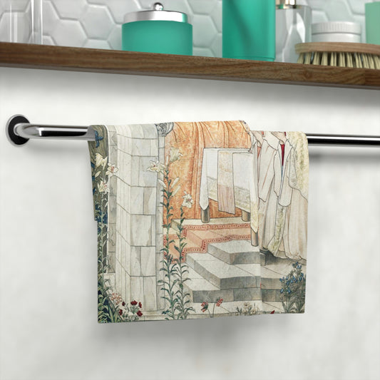 A washcloth with a floral pattern inspired by William Morris, featuring a one-sided print with multiple colors.
