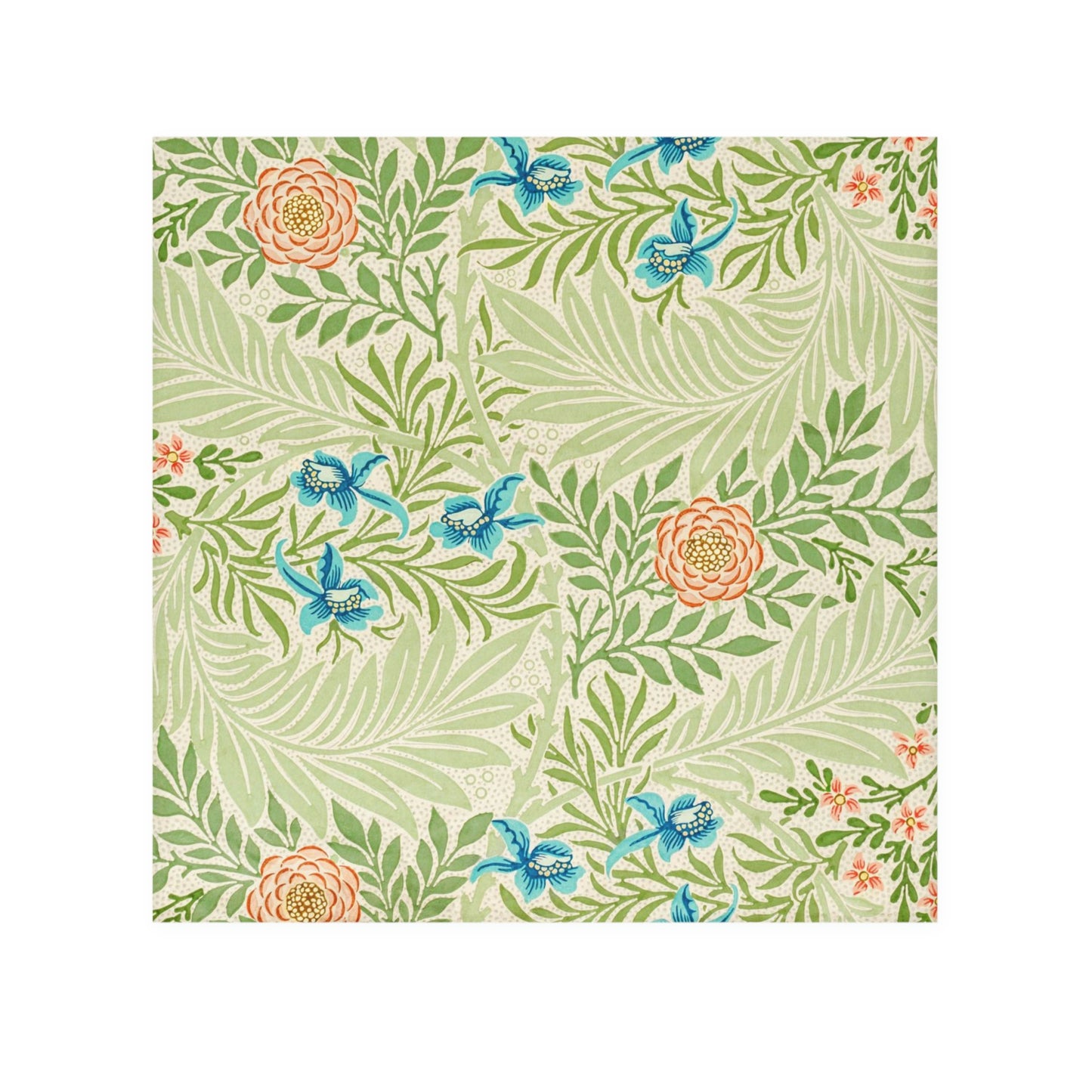 A white washcloth with a floral William Morris & Co pattern inspired by William Morris, featuring green leaves and blue flowers.