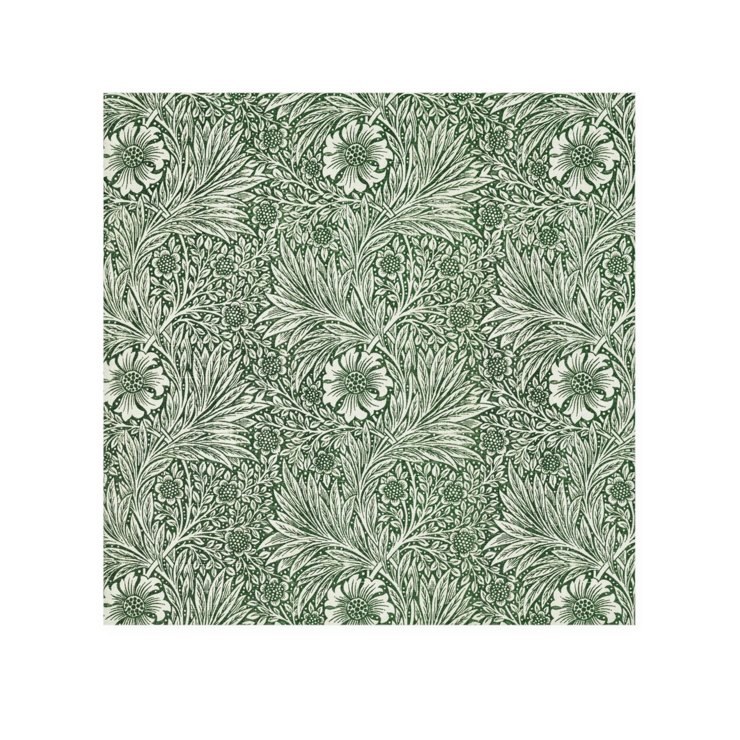 A white washcloth with a green floral pattern inspired by William Morris's art.