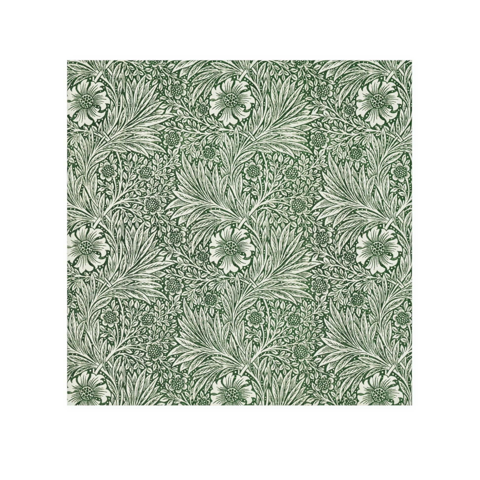 A white washcloth with a green floral pattern inspired by William Morris's art.