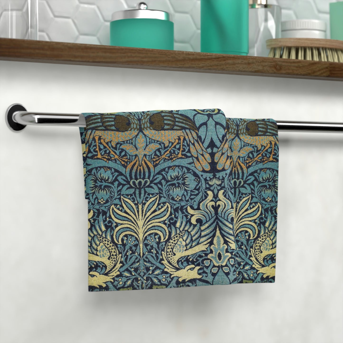 A multicoloured floral patterned washcloth inspired by William Morris' art, featuring peacock and dragon designs.