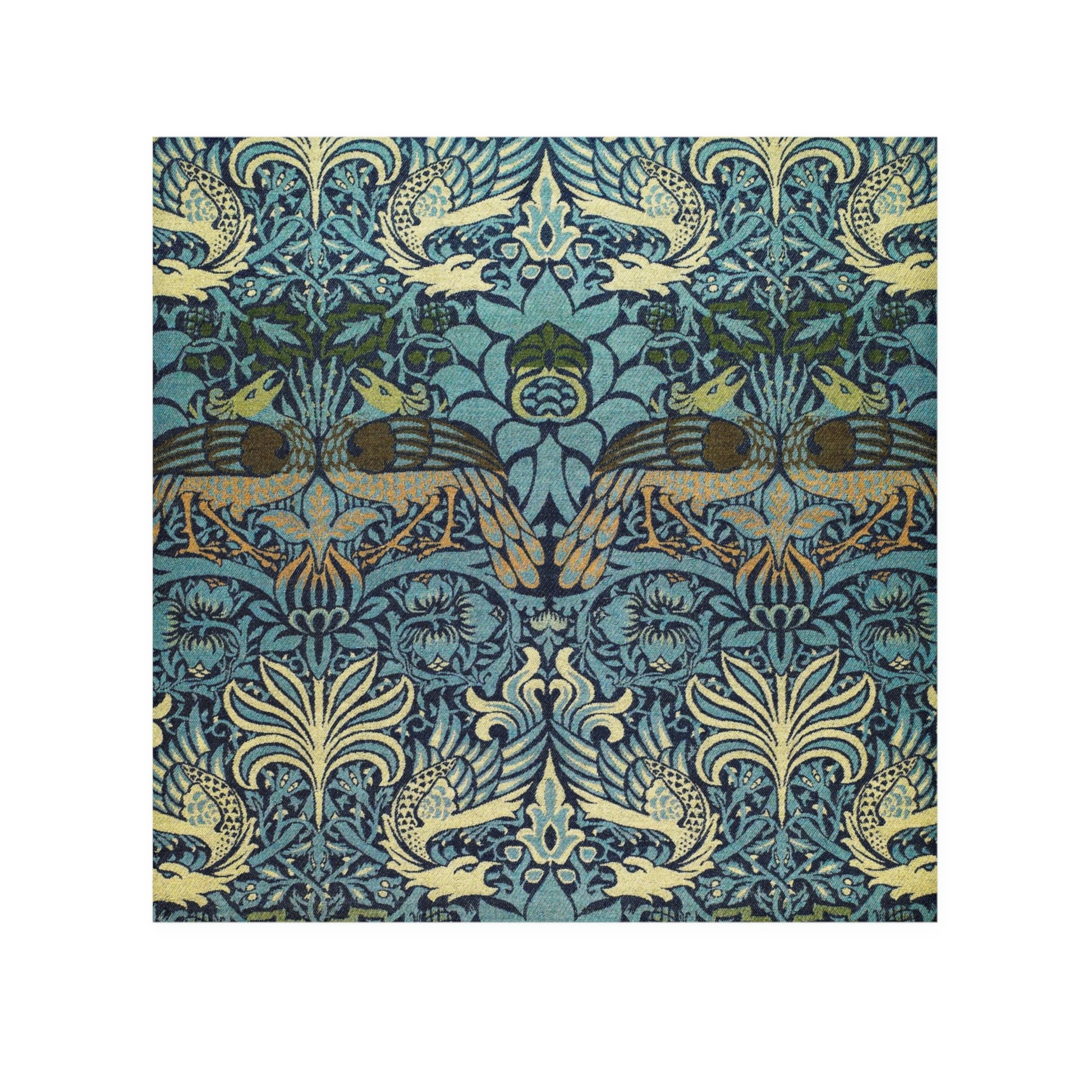 A multicolored floral patterned washcloth inspired by William Morris' art, featuring peacock and dragon designs.