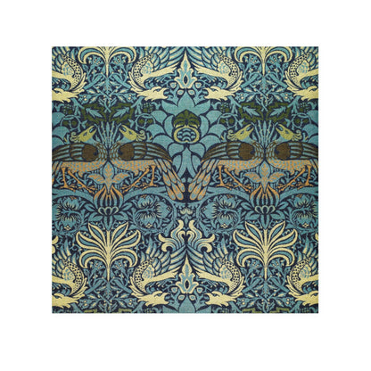 A multicolored floral patterned washcloth inspired by William Morris' art, featuring peacock and dragon designs.