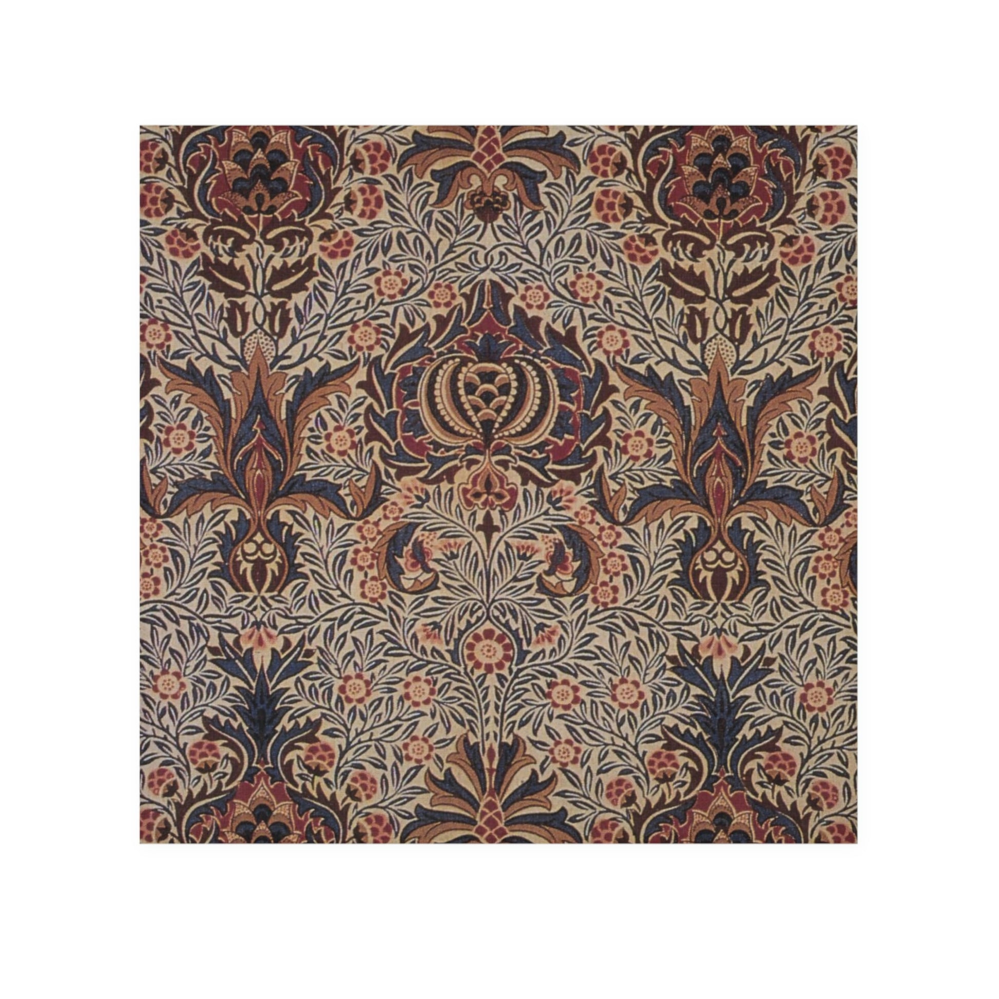 A white washcloth with a floral pattern inspired by William Morris, featuring a mix of colourful floral designs.