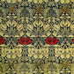 A washcloth with a floral pattern inspired by William Morris, featuring tulips and roses in red and green colors on a beige background.