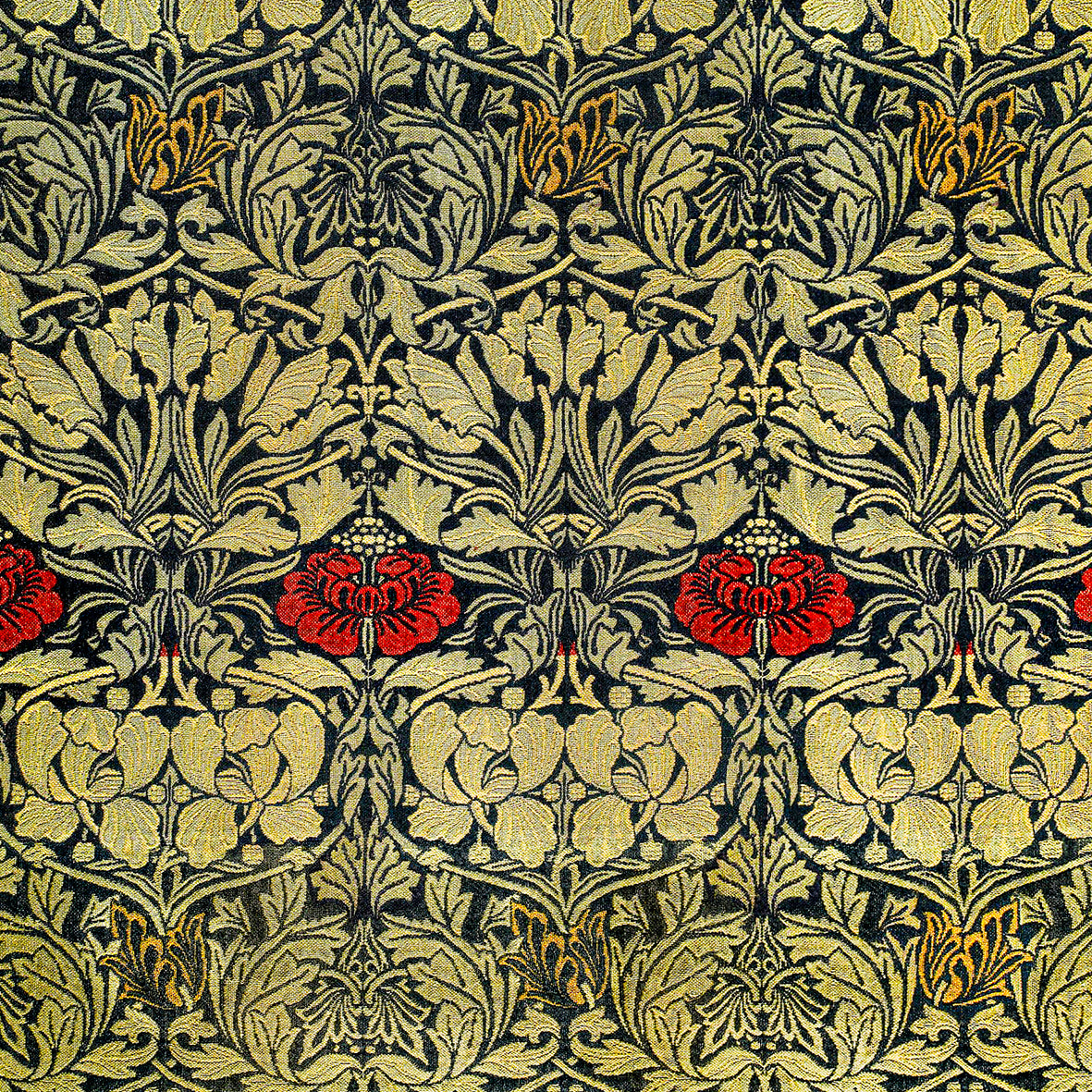 A washcloth with a floral pattern inspired by William Morris, featuring tulips and roses in red and green colors on a beige background.