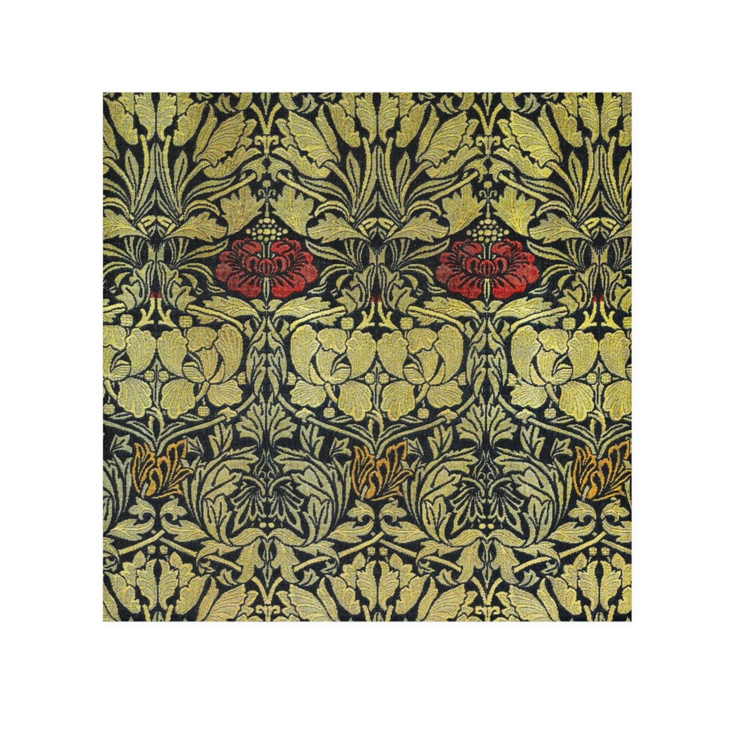 A washcloth with a floral pattern inspired by William Morris, featuring tulips and roses in red and green colors on a beige background.