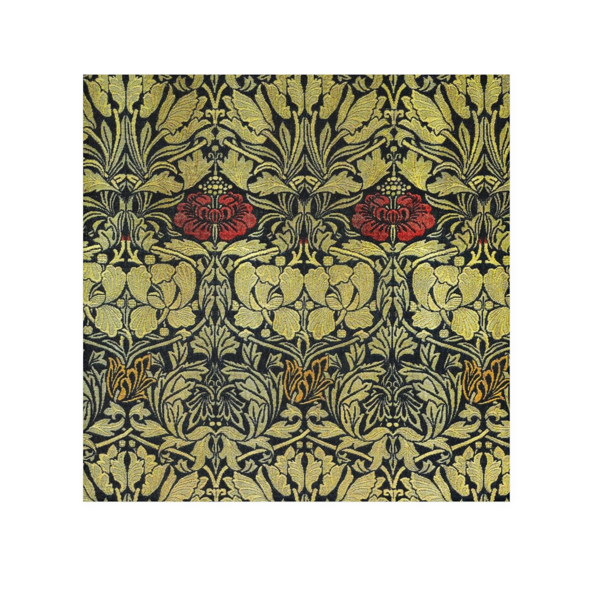 A washcloth with a floral pattern inspired by William Morris, featuring tulips and roses in red and green colors on a beige background.