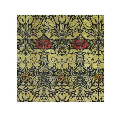 A washcloth with a floral pattern inspired by William Morris, featuring tulips and roses in red and green colors on a beige background.