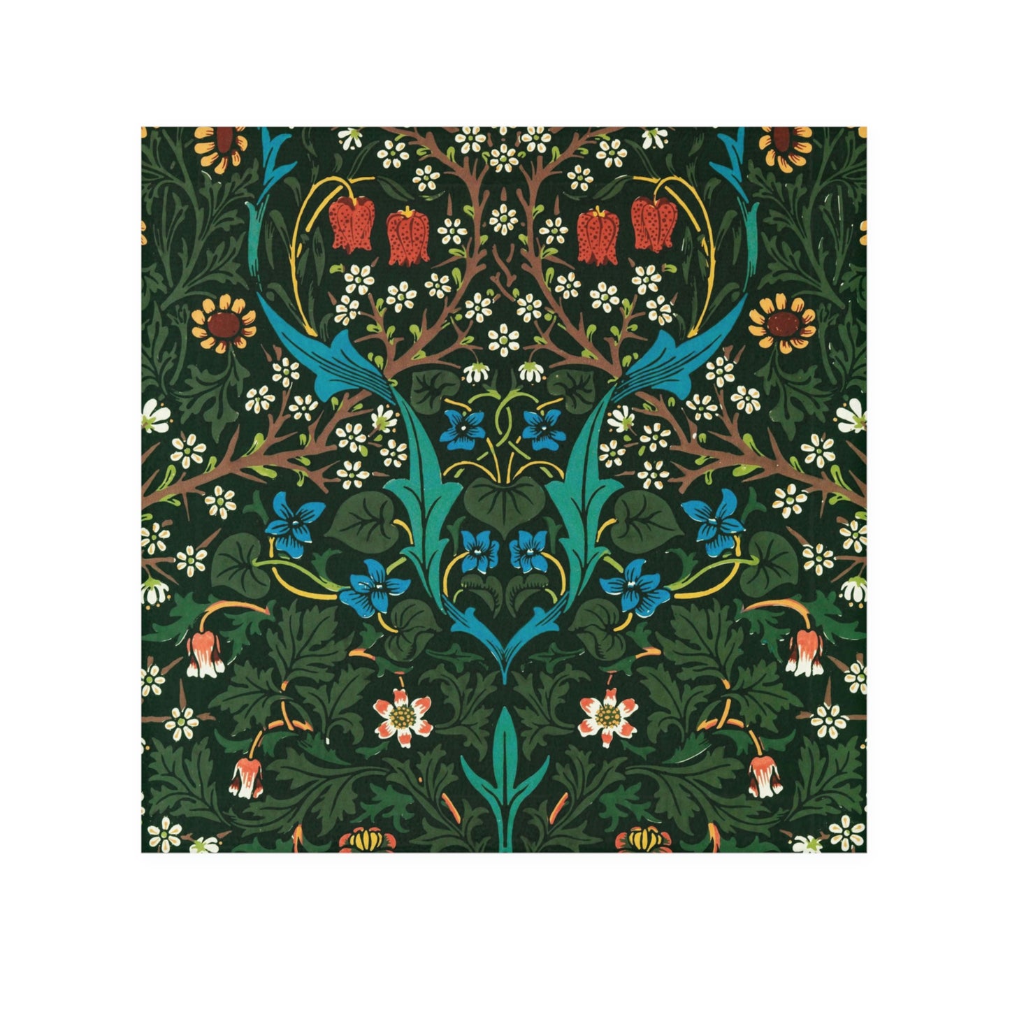 A white washcloth with a floral pattern inspired by William Morris, featuring a mix of colorful flowers and leaves on a background.