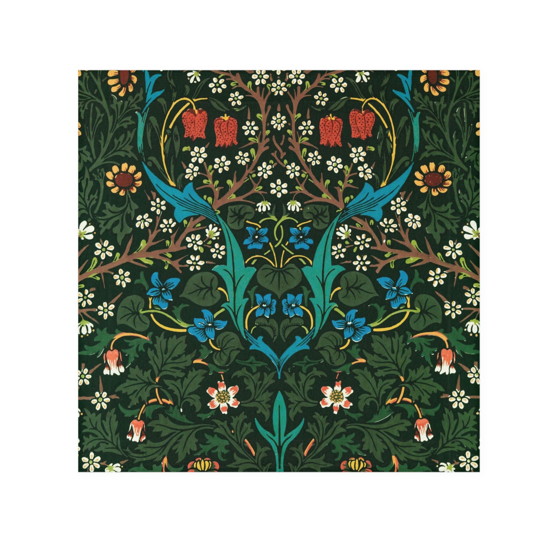A white washcloth with a floral pattern inspired by William Morris, featuring a mix of colorful flowers and leaves on a background.