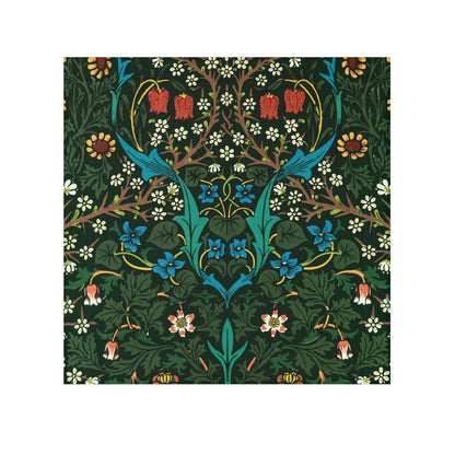 A white washcloth with a floral pattern inspired by William Morris, featuring a mix of colorful flowers and leaves on a background.