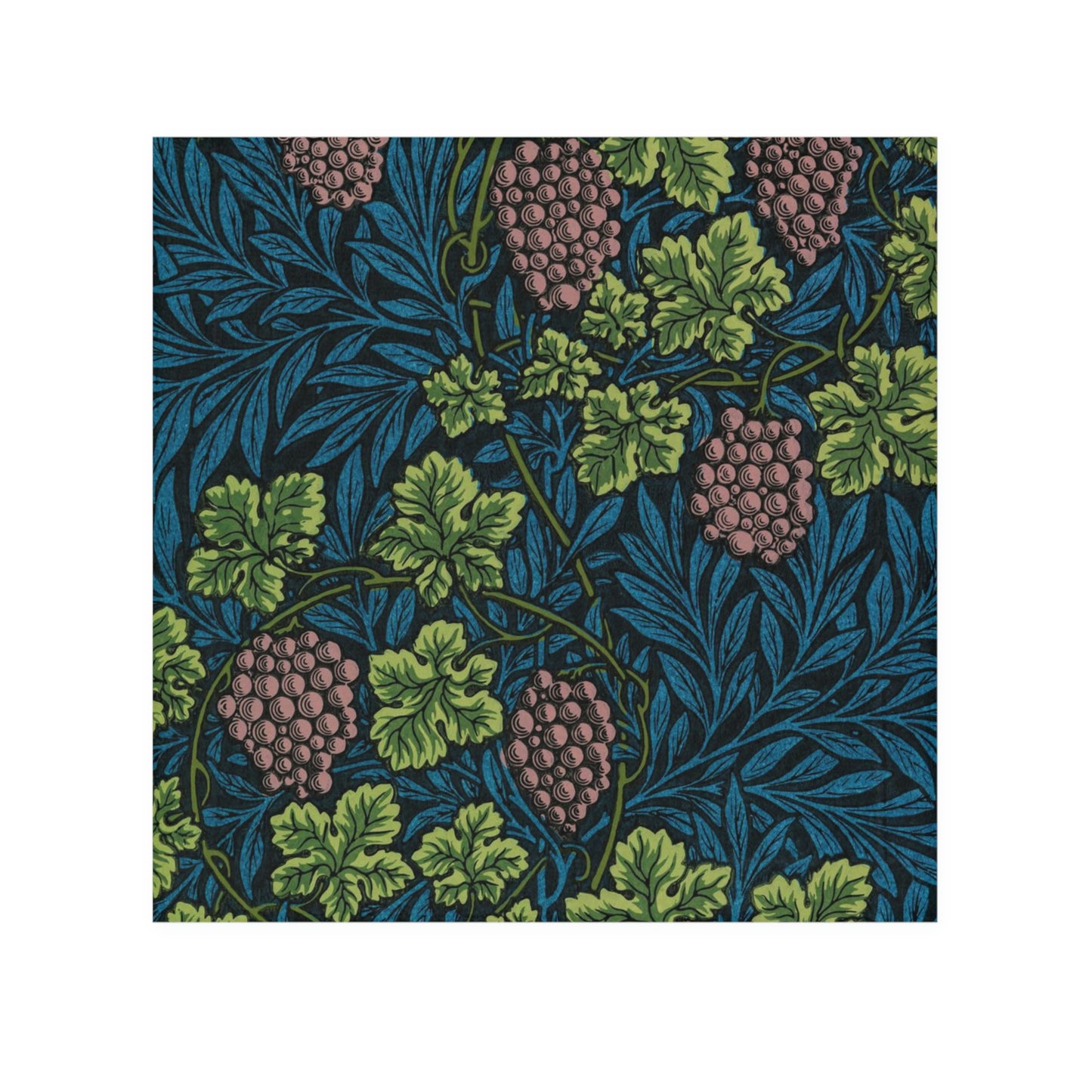 A white washcloth with a floral pattern inspired by William Morris, featuring green leaves and pink grapes.