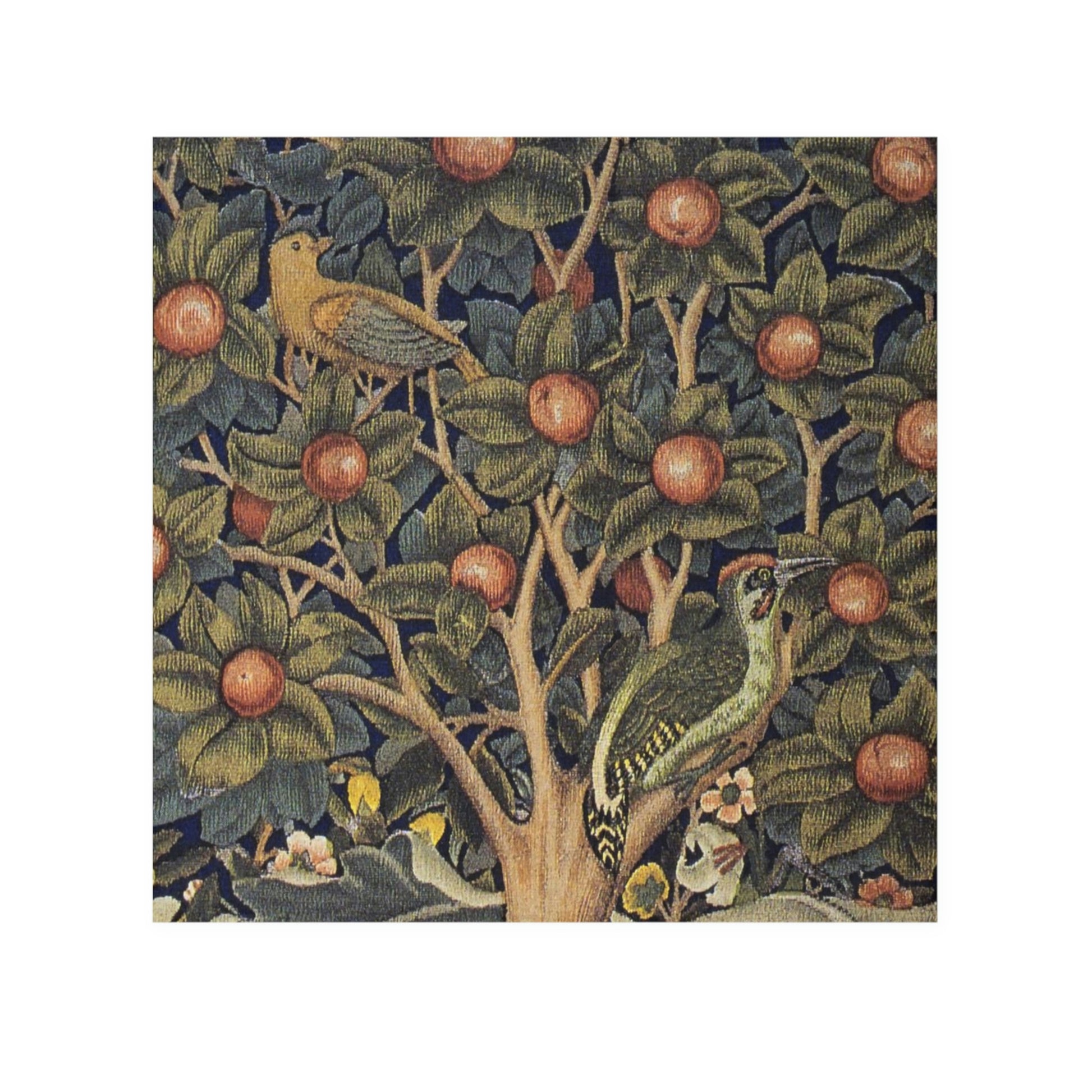 A washcloth with a floral pattern inspired by William Morris, featuring birds and woodpeckers amidst green leaves and red fruits.