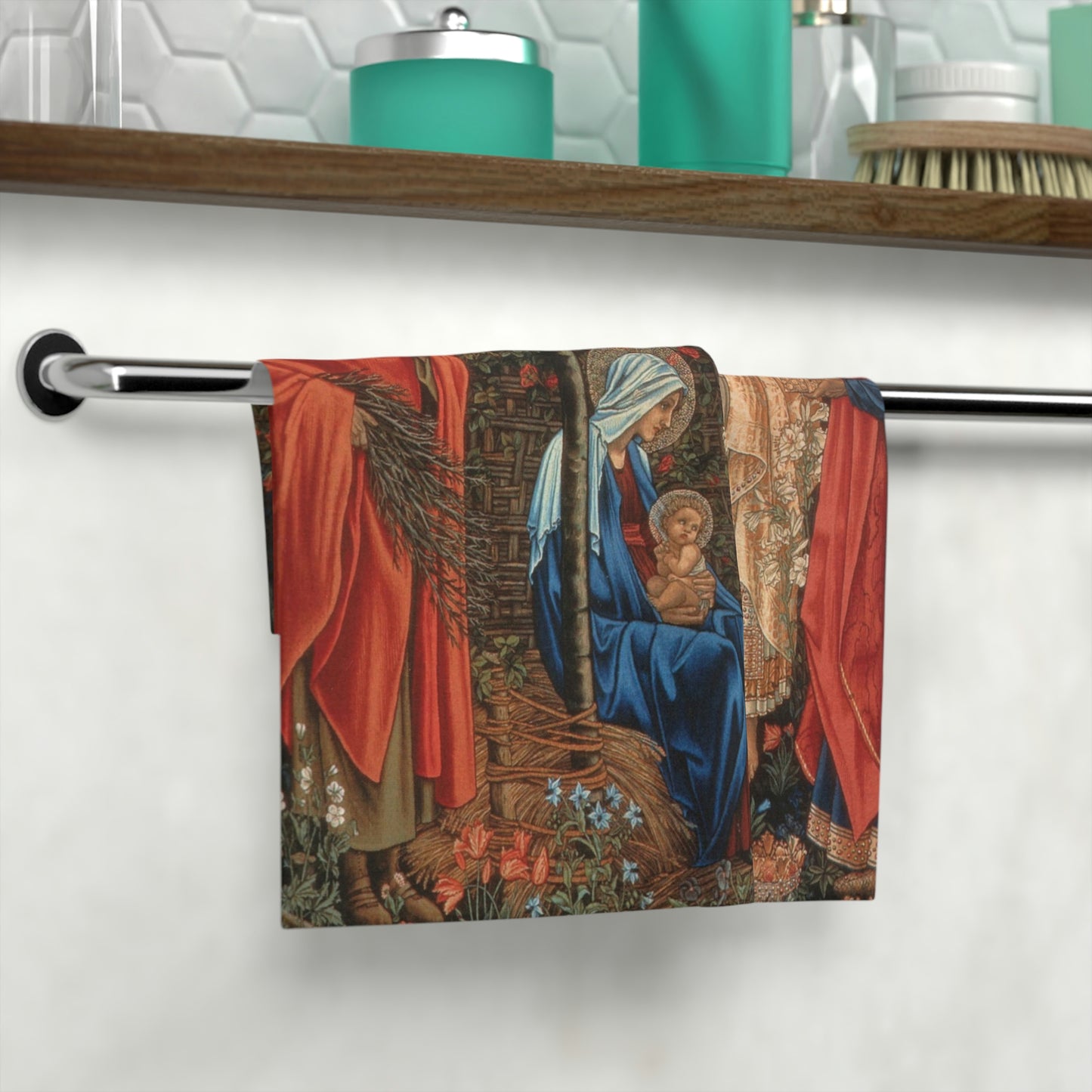 A washcloth featuring an artistic representation of a mother and child with floral elements, inspired by William Morris.