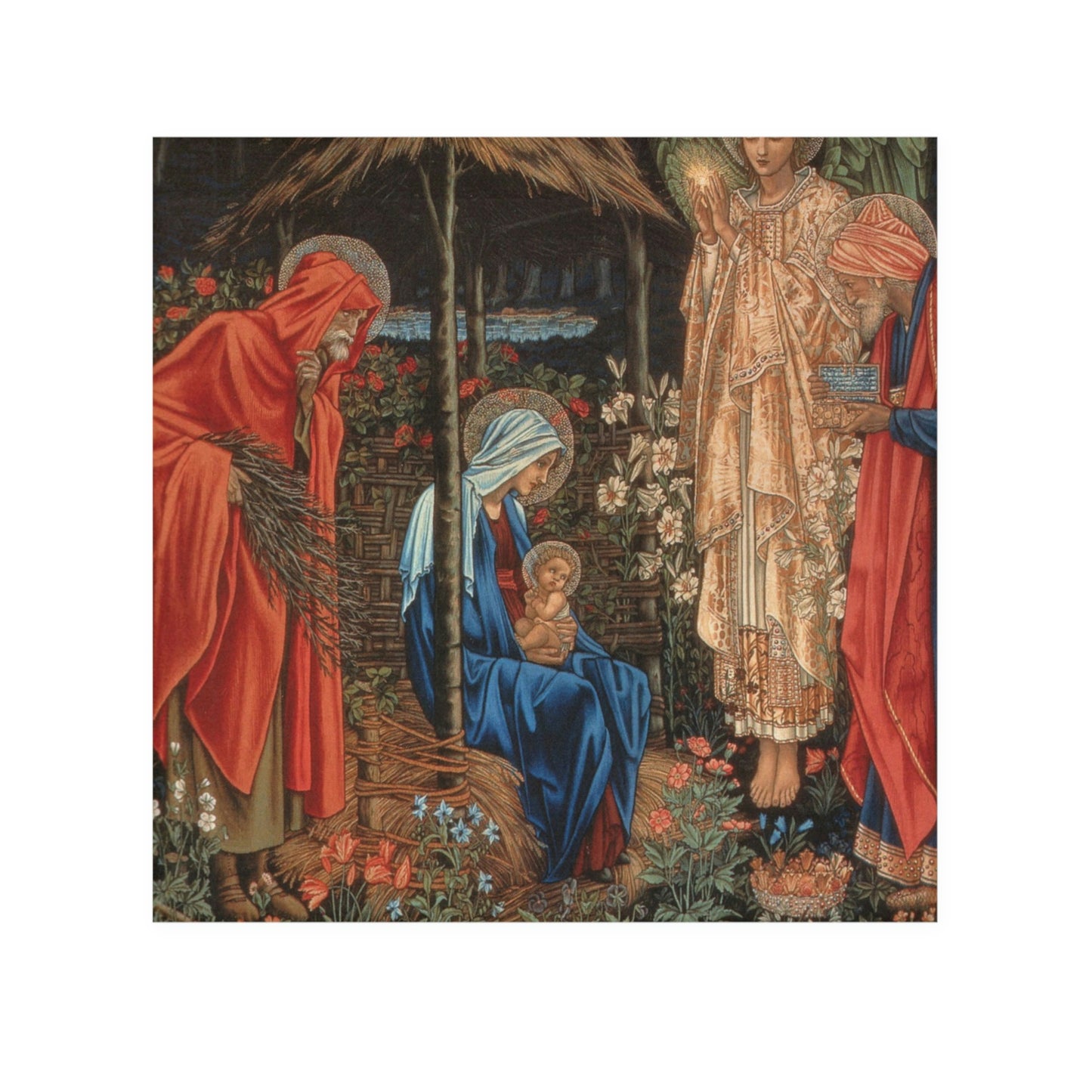 A washcloth featuring an artistic representation of a mother and child with floral elements, inspired by William Morris.