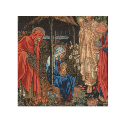 A washcloth featuring an artistic representation of a mother and child with floral elements, inspired by William Morris.