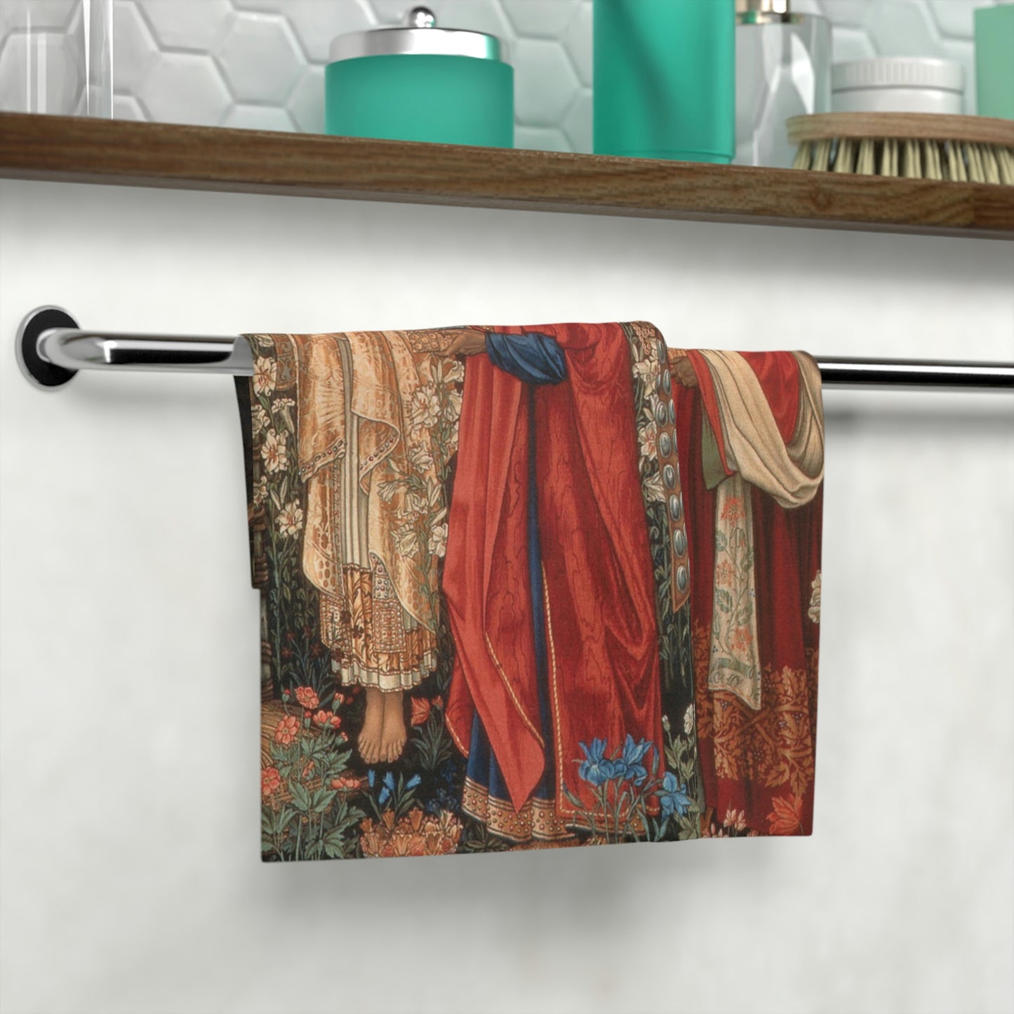 A washcloth featuring an artistic representation of the Three Wise Men from the Adoration collection with vibrant floral patterns.