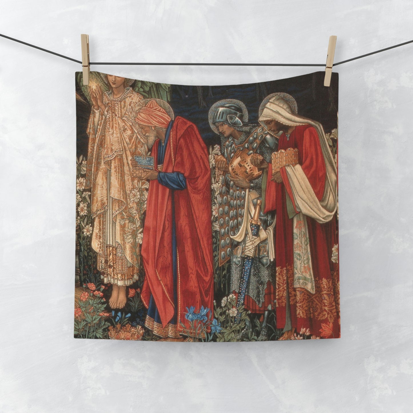 A washcloth featuring an artistic representation of the Three Wise Men from the Adoration collection with vibrant floral patterns.