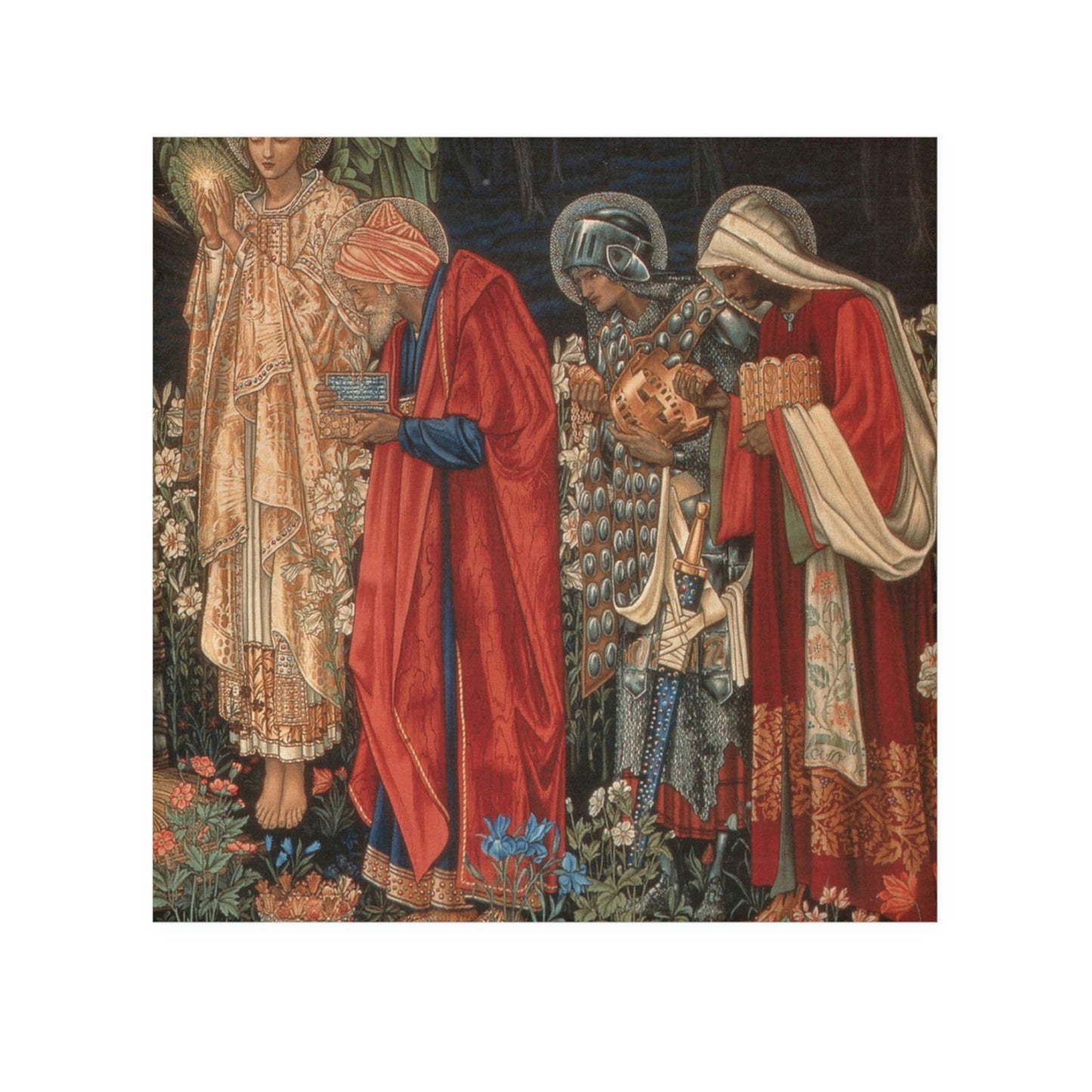 A washcloth featuring an artistic representation of the Three Wise Men from the Adoration collection with vibrant floral patterns.