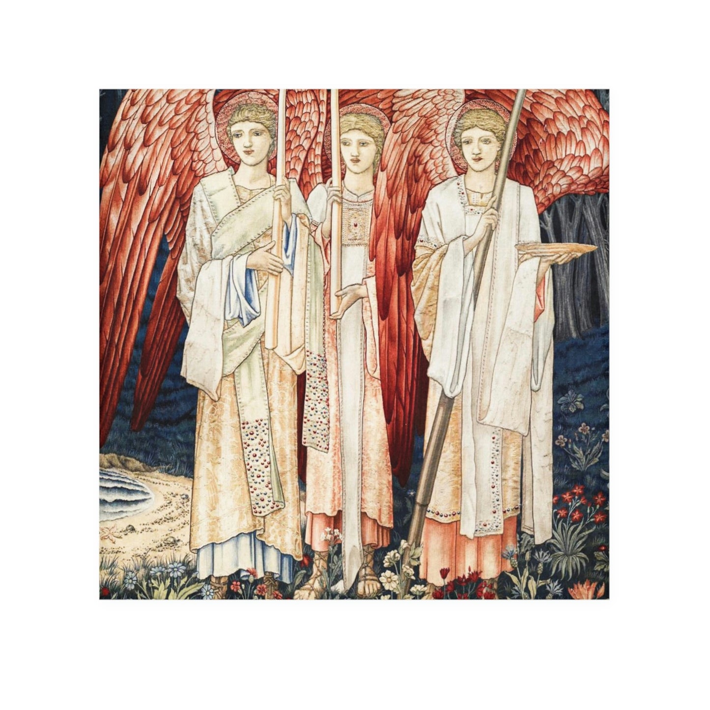 A washcloth featuring an artistic print with red angels inspired by William Morris from the Holy Grail Collection.