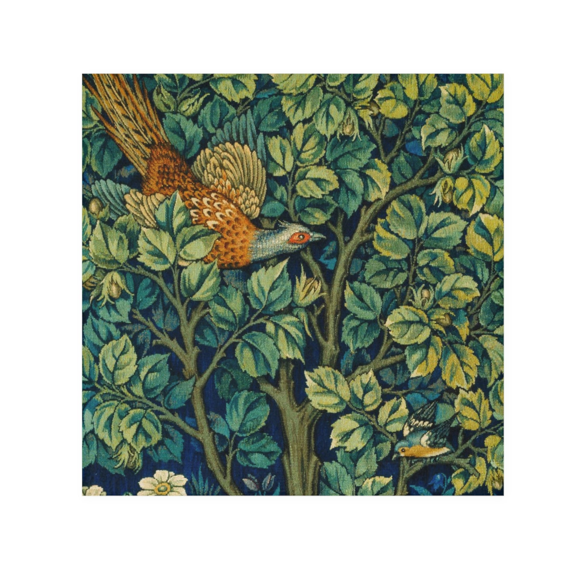 A washcloth with a floral pattern featuring a pheasant design, inspired by William Morris' art.