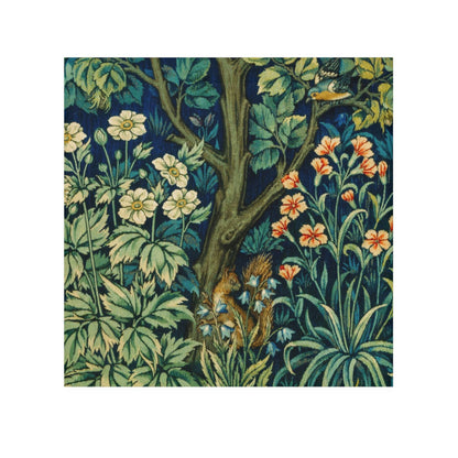 A white washcloth with a floral pattern inspired by William Morris, featuring an illustration of squirrels and leaves.